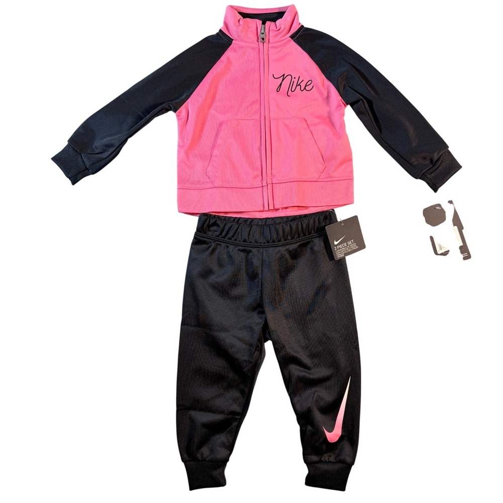 Nike Girls Pink Black‎ 2 Piece Tracksuit Set Full Zip Jacket Pants Size 12M NWT - Picture 1 of 16